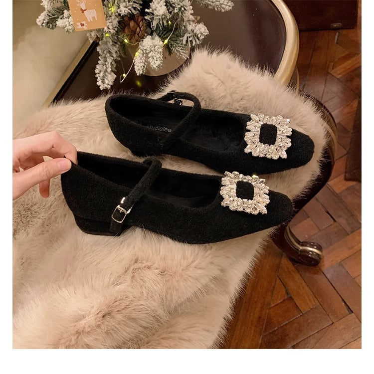 2025 2025 new autumn and winter velvet Mary Jane fluffy shoes thick heel high heel black square head rhinestone single shoes women's shoes