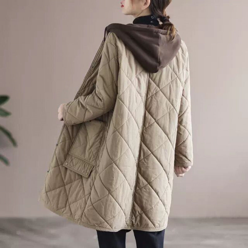 popular autumn and winter new medium and long versatile cotton clothes fashionable and simple diamond thickened jacket hooded splicing cotton-padded clothes women