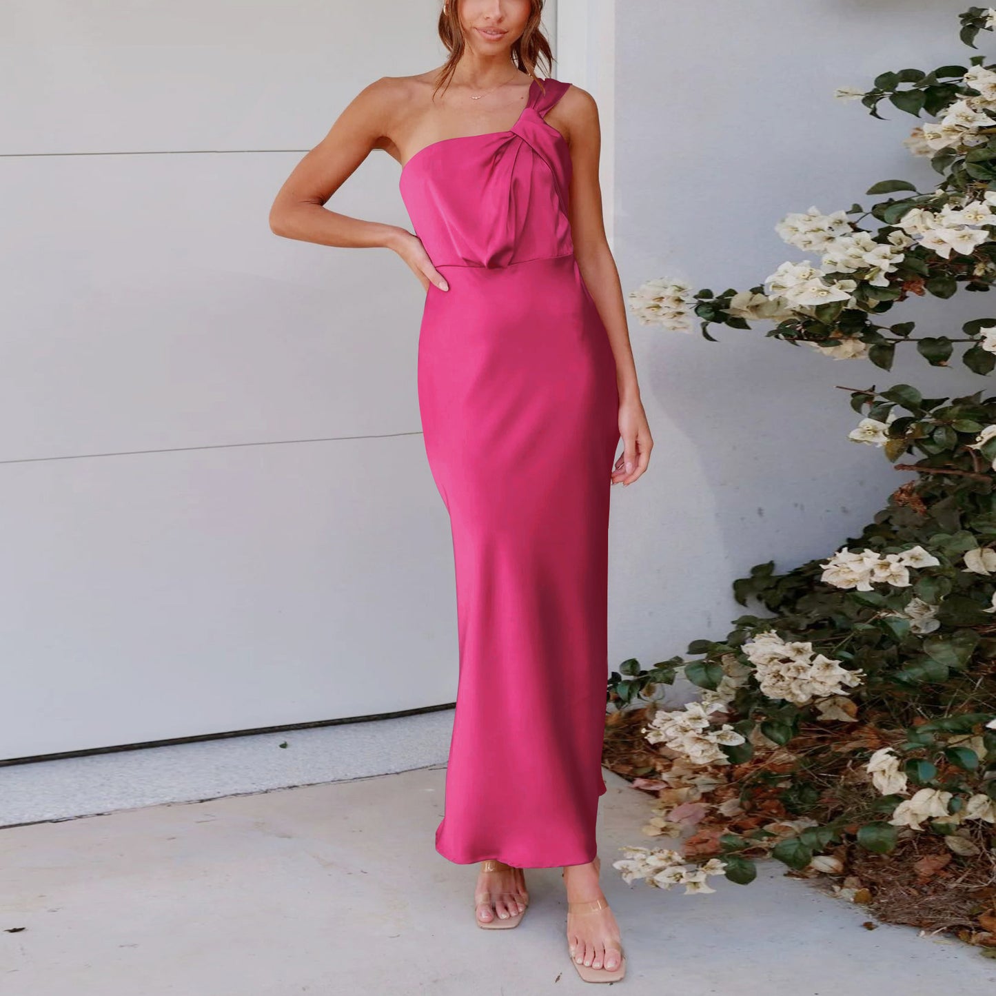 LOVERCCR Cross-Border New Acetate European and American Women's Clothing Elegant One-Shoulder Satin Toast Dress Bridesmaid Dress Slim Fit Dress