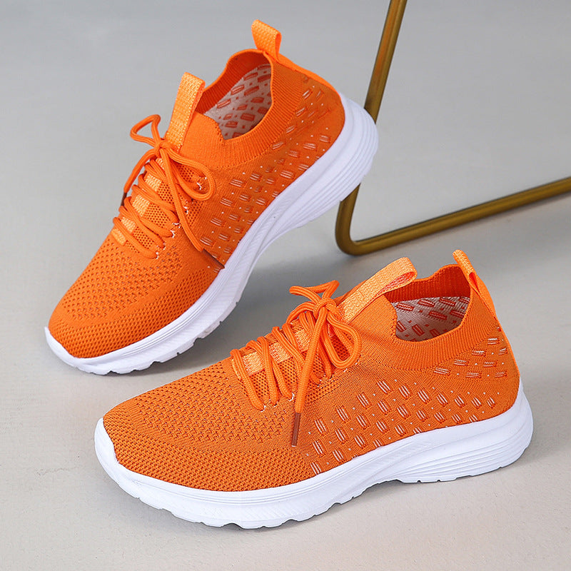 loveccr Cross-Border Wish plus Size Sports Casual Shoes for Women Spring Thick Bottom Solid Color Front Lace-up Flying Woven Slip-on Lazy