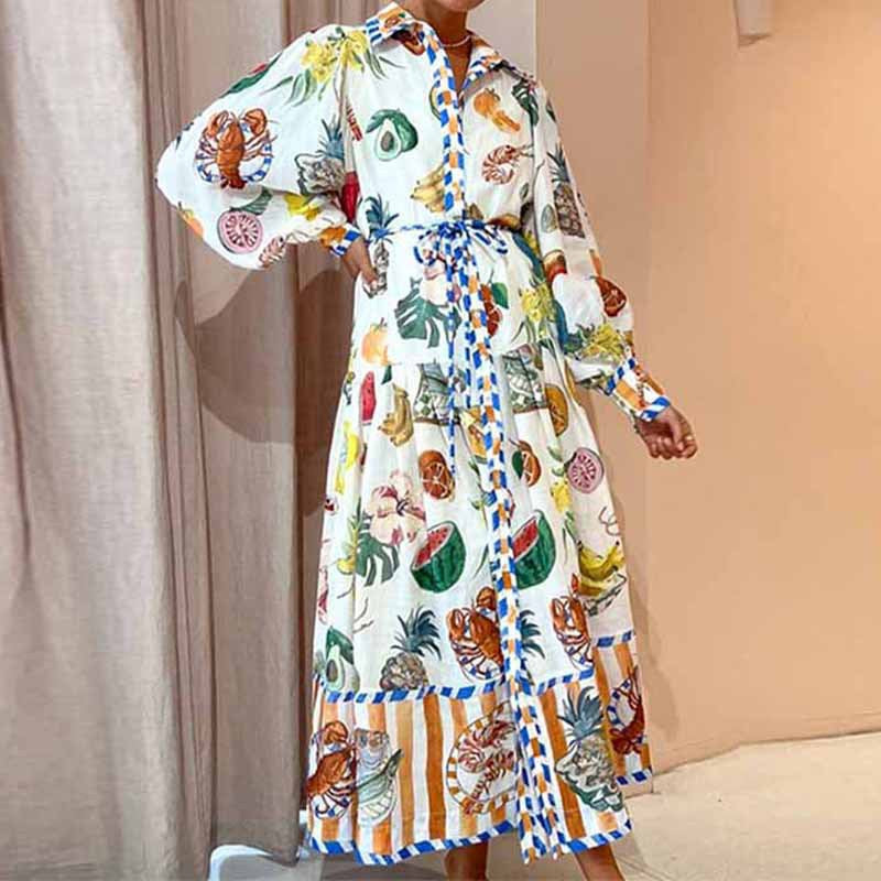 Foreign Trade New Women's Elegant Lantern Sleeve Printed Long Lapel and Waist Tight Long Sleeve Dress