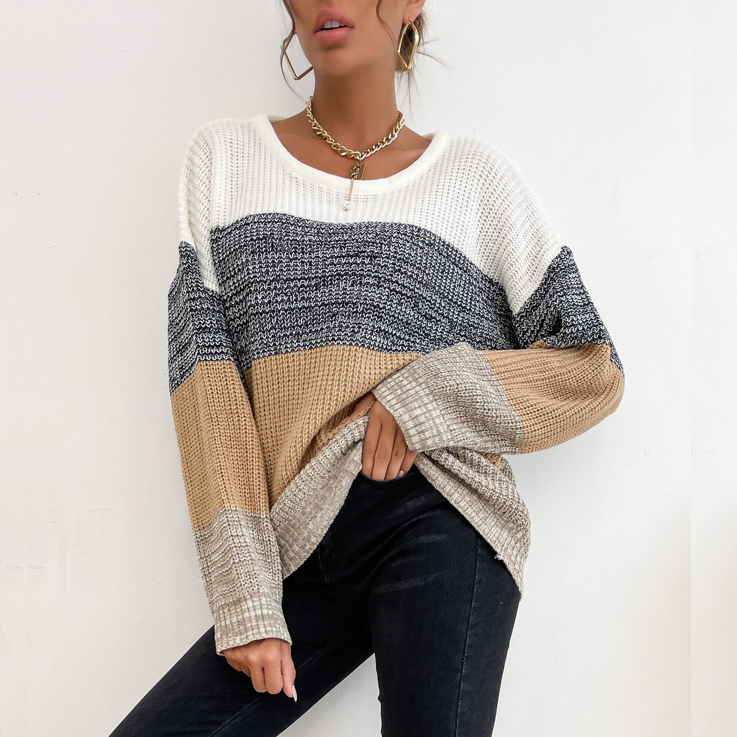 LOVECCR New Hot Trade popular Autumn and Winter New Crew Neck Long Sleeve Knitted Striped Contrast Sweater Pullover