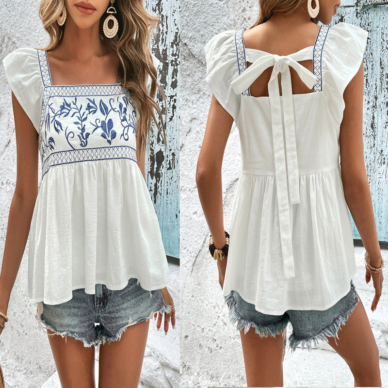 2025 New women's clothing summer new embroidered lace-up square collar flying sleeves ruffle edge top women