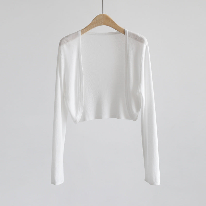 2025 summer ice silk cardigan long-sleeved buckle-free shawl ultra-thin knitted sunscreen shirt slim-fitting outer women's air-conditioning shirt collar