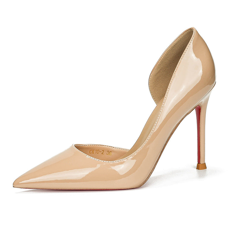 loveccr Nude Color Side Empty Red High Heel Shoes Women's Stiletto Heel New Pointed Low-Cut Patent Leather Sexy Temperament Genuine Leather Pumps