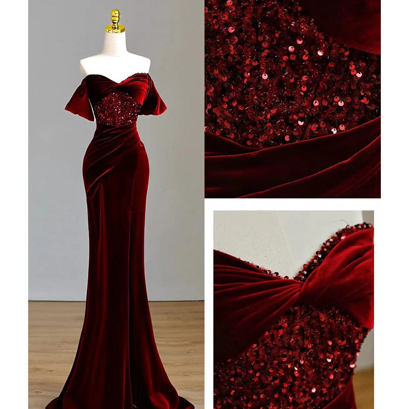 LOVERCCR Fishtail Toast Dress Bride Wine Red Engagement Dress Dress off-Shoulder High-Grade Velvet Sequins Elegant Female