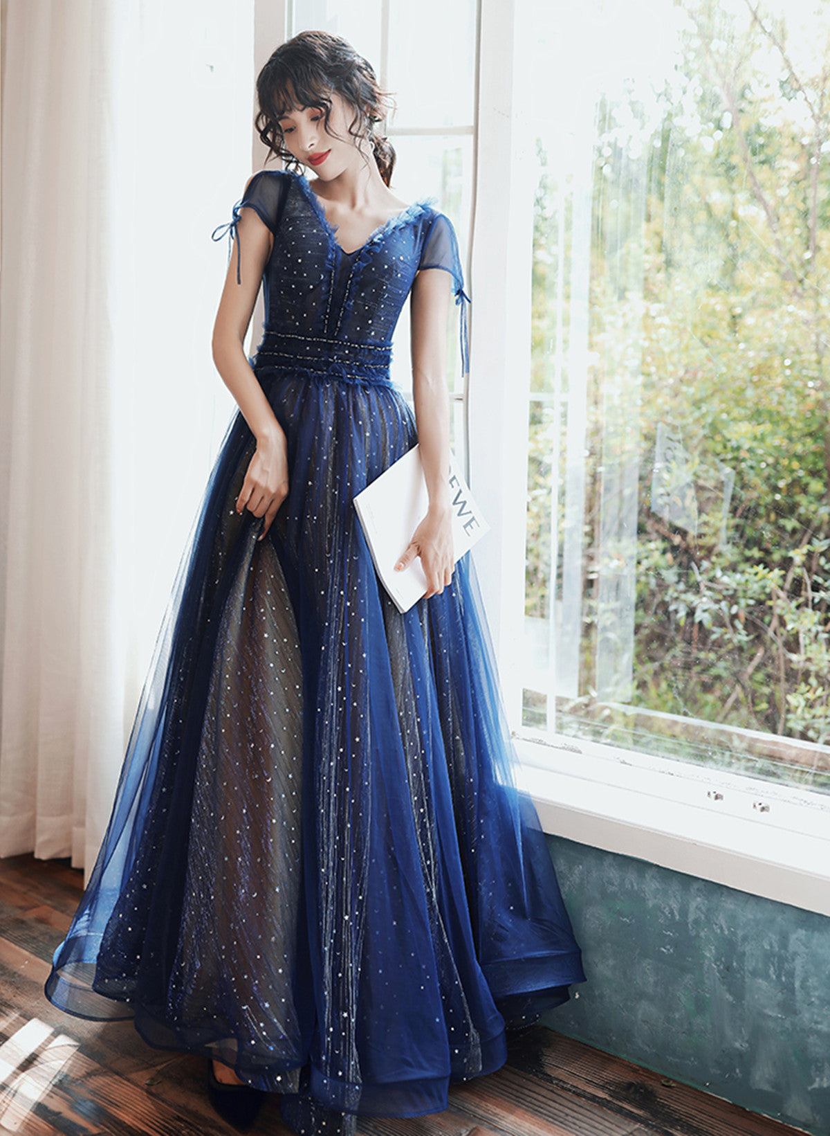 LOVECCRNavy Blue A-line Short Sleeves V-neckline Party Dress, Navy Blue Prom Dress