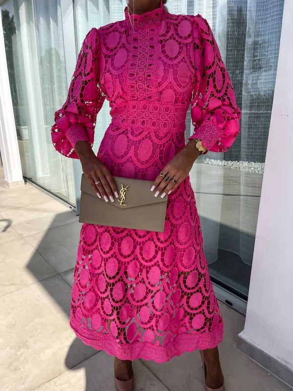 Spring New Style Lace Stand Collar Puff Sleeve Waist Slimming Dress Graceful European and American Long Dress