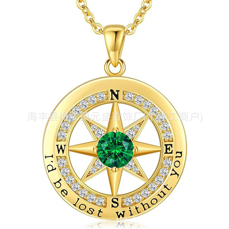 HOT and NEW Cross Border S925 Sterling Silver Compass Compass Necklace Female Twelve Birthstone Pendant Clavicle Chain