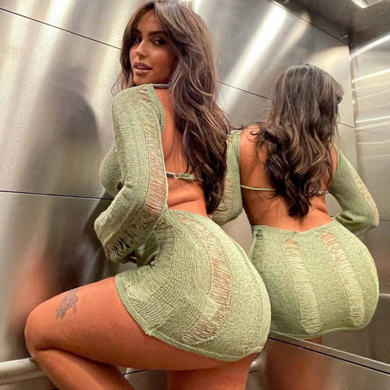 LOVECCR Long Sleeve Hollow-out Backless Dress Sexy Tight Hollowed-out Sheath Wool 2022 Spring and Summer European and American Women's Clothing Dress