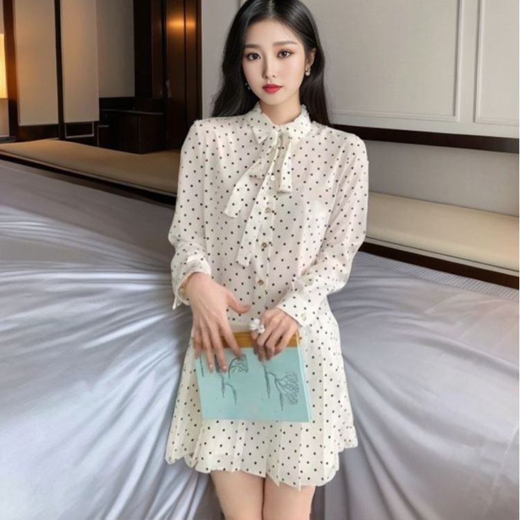 retro printing polka dot stand-up collar long-sleeved dress summer new slim-fit pleated medium-length dress L6086