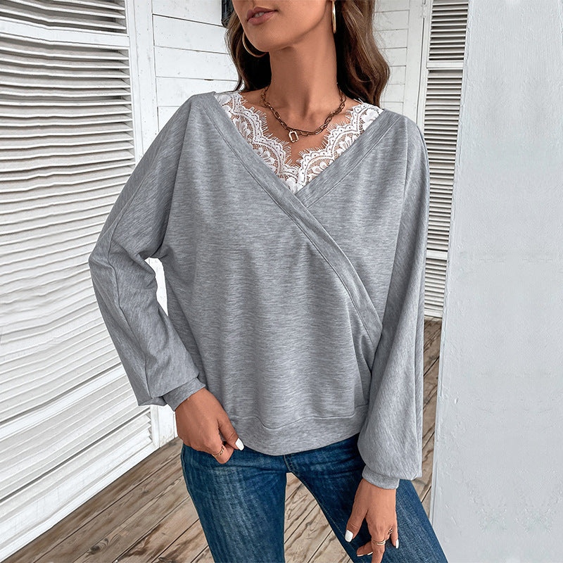 LOVECCR women's clothing Hot autumn 2025 popular V-neck sweater lace splicing top fashion pullover T-shirt
