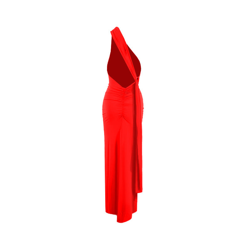 LOVECCR 2025 style women's clothing Hot summer new product slanted shoulder sexy slim backless pleated hollow strap long dress