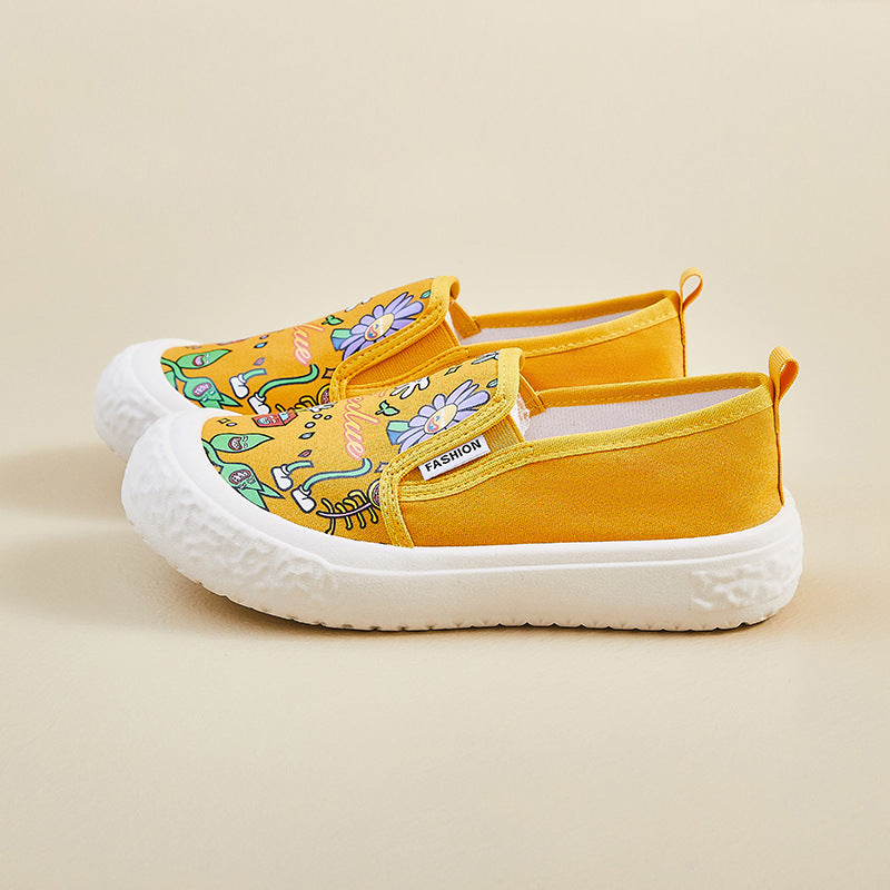 new summer canvas shoes women's thick soles increase in height lazy one pedal printing breathable casual street shot FB5508