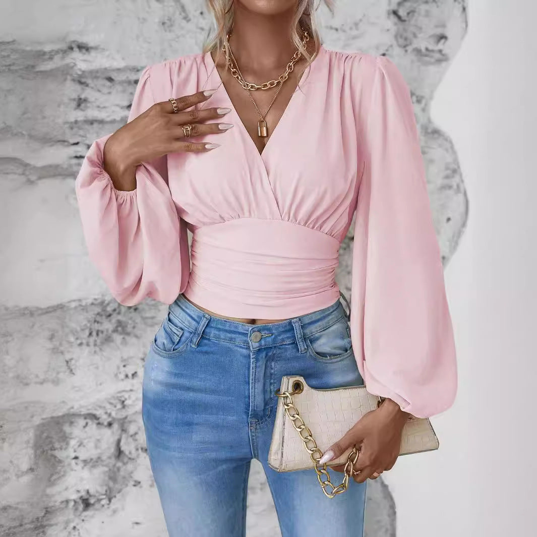 2025 popular Popular, , New spring and autumn new fashion waist V-neck bag sleeve solid color wrinkled T women's long-sleeved top