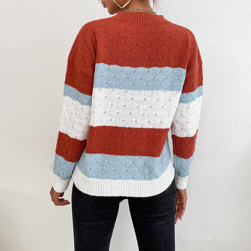 LOVECCR New Hot Trade popular Spring and Autumn New Long Sleeve V-Neck Pullover Striped Color Matching Knitted Sweater