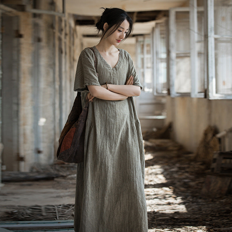 Summer Linen Cotton Thin Tie-Dyed Original New Chinese Long Dress Home Travel Literary Style Women's Dress