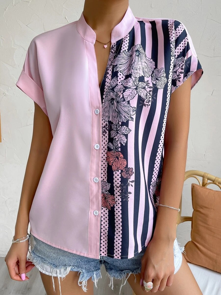 2025 Popular, , New women's clothing summer new double-spell contrasting color flower button cardigan short-sleeved shirt women