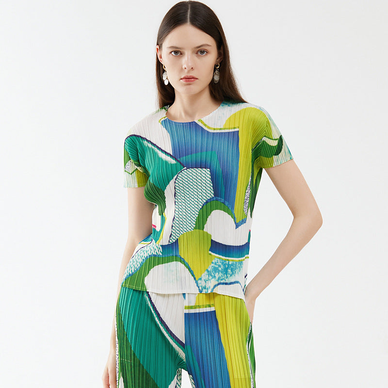 Miyake casual printing suit, summer new women's short-sleeved top, fashionable Korean version of drape trousers, two-piece set for women