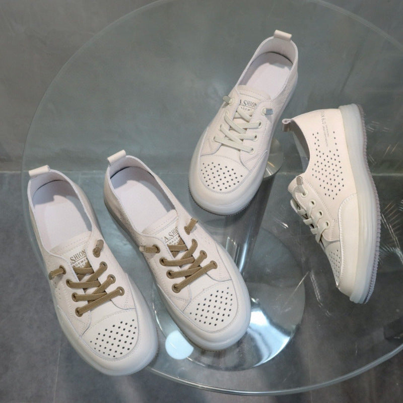 loveccr Top Layer Cowhide Hollow Breathable White Shoes for Women New Soft Bottom Pumps Casual Shoes Slip-on Flat Sneakers