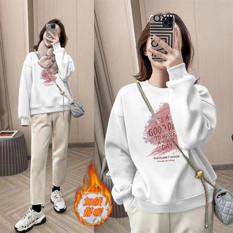 spring and autumn Korean version of fashion small round neck pullover fleece sweater long sleeve loose tide ins style top