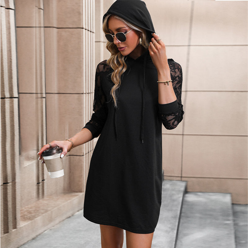 LOVECCR Yama foreign trade Hot autumn new splicing 2025 women's clothing solid color lace hooded long-sleeved sweater skirt