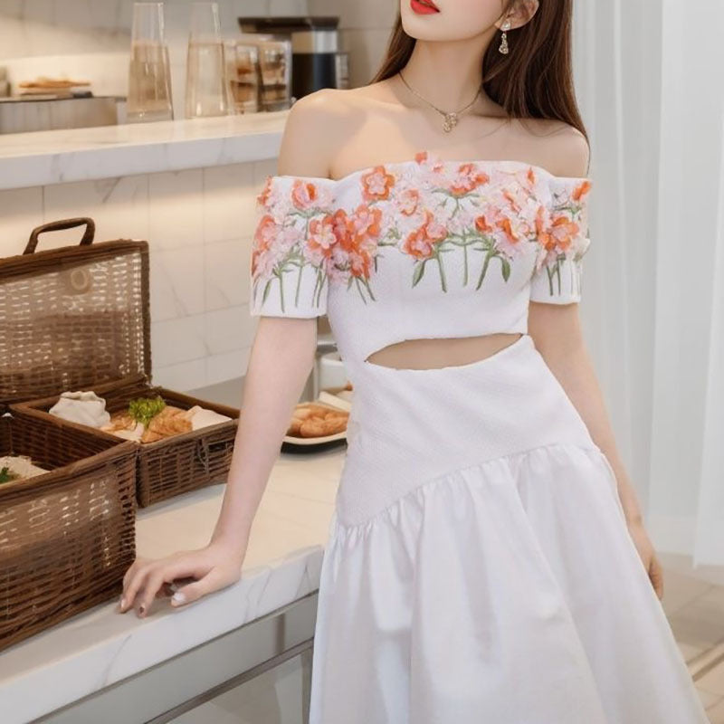one-word shoulder dress women's summer new waist design three-dimensional flower temperament long dress L5027