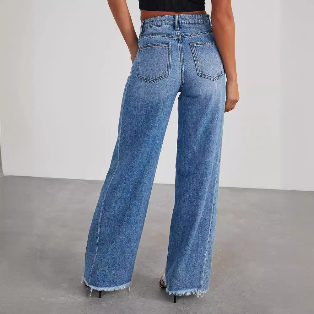 European and American Women's Clothing New Loose Wide-Leg Side Seam Stitching Frayed Hem Jeans for Women 32150