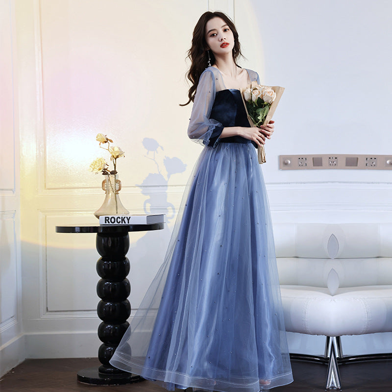 LOVECCR Evening Dress 2021 New Spring Velvet Slimming Long Birthday Party Host Banquet Temperament Belly Covering Dress for Women