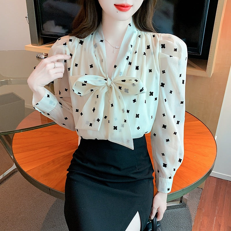 Flocking bow long-sleeved chiffon shirt women's spring 2025 new trend fashion design niche top