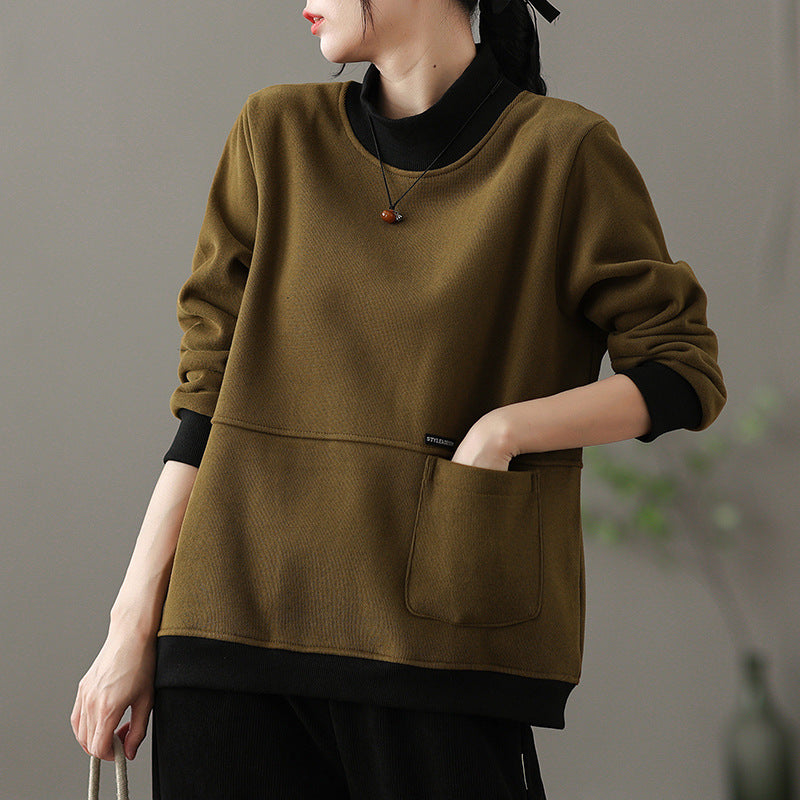 Retro turtleneck sweater fleece thickened women's popular winter new loose and thin casual versatile long-sleeved top