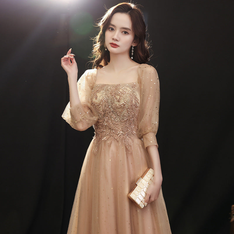 LOVECCR Adult Choir Performance Costumes Champagne Evening Dress Women's Banquet Temperament Long Senior Three Graduation Dress