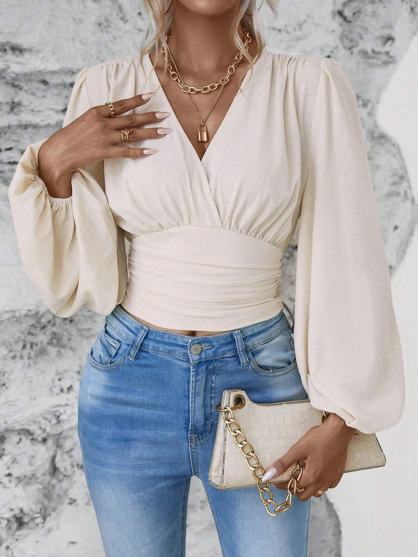 2025 popular Popular, , New spring and autumn new fashion waist V-neck bag sleeve solid color wrinkled T women's long-sleeved top