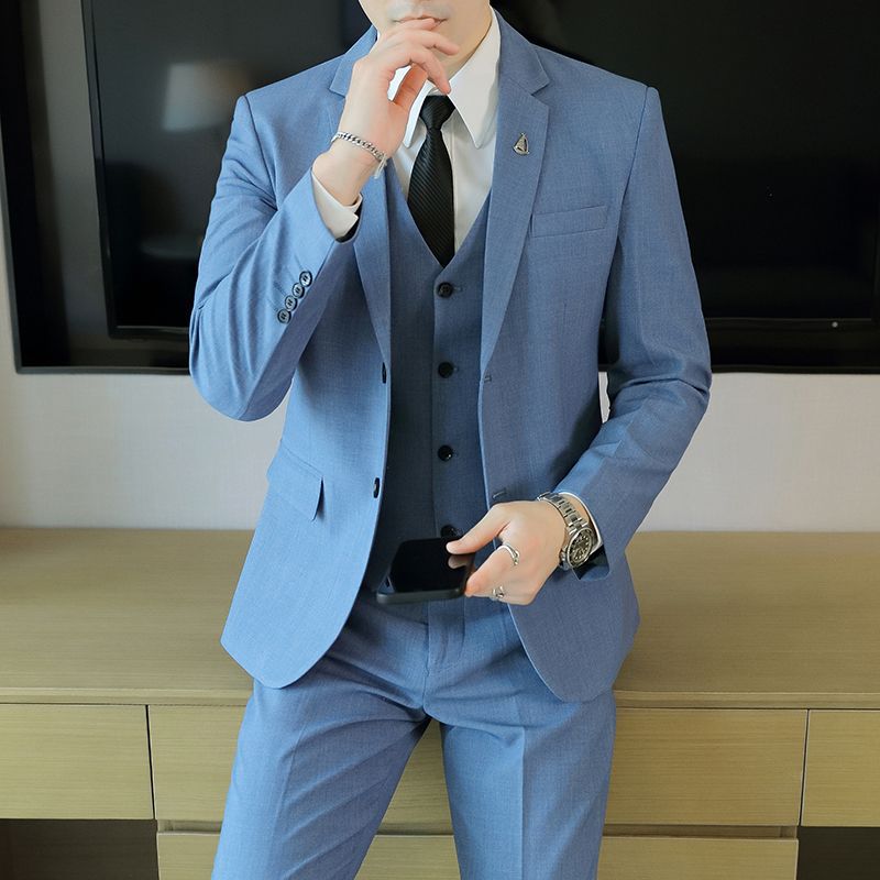 LOVECCR Formal Wear Gray Two Buckle Suit Suit Men's Three-Piece Suit Men's Business Casual Suit Korean-Style Slim Fit Groom Dress