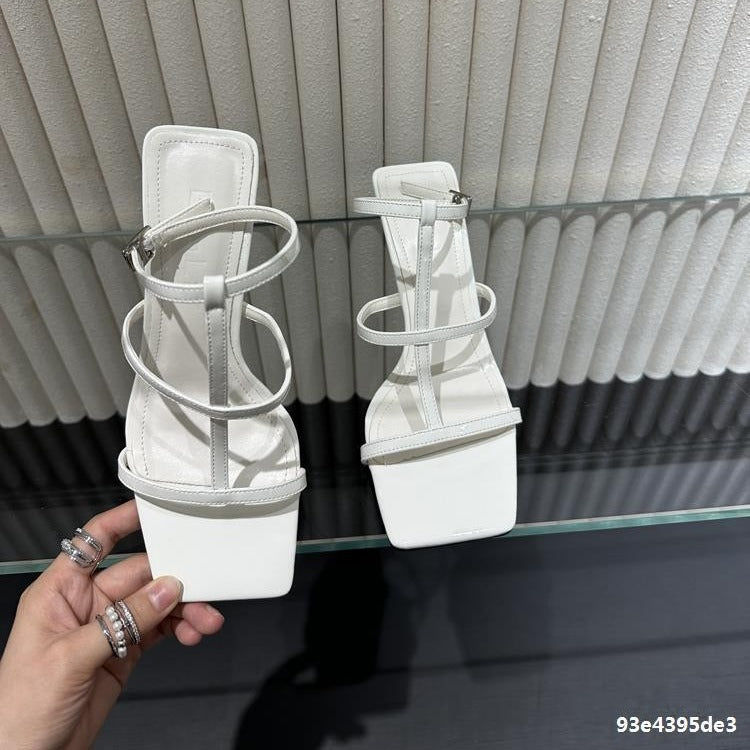 loveccr South Korea Roman Shoes Summer New Square Toe Open Toe Stiletto Heel Sexy Fashion Women's Sandals Thin Cross Straps