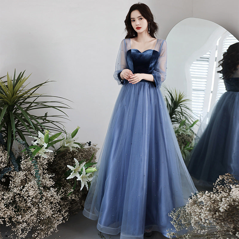 LOVECCR Evening Dress 2021 New Spring Velvet Slimming Long Birthday Party Host Banquet Temperament Belly Covering Dress for Women