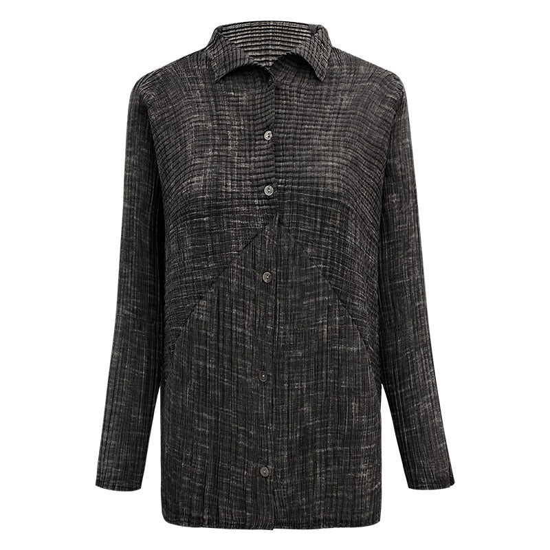 spring new pleated gradual change long-sleeved striped lapel cardigan single-breasted niche casual women's shirt