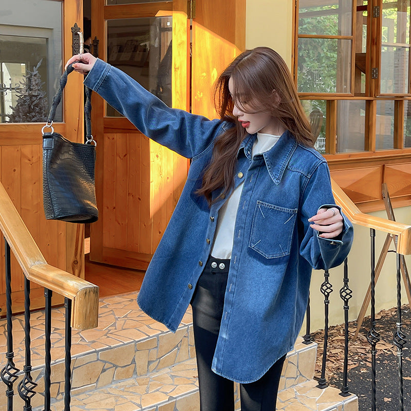 2025 spring Popularan goods Manila retro blue contrasting denim shirt design sense loose casual top women's clothing