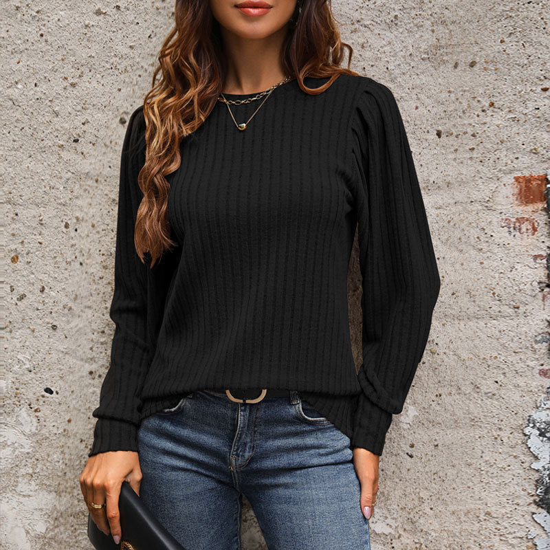 LOVECCR 2025 foreign trade women's clothing simple commuter pullover T-shirt women's knitted pit strip long-sleeved bubble sleeve top
