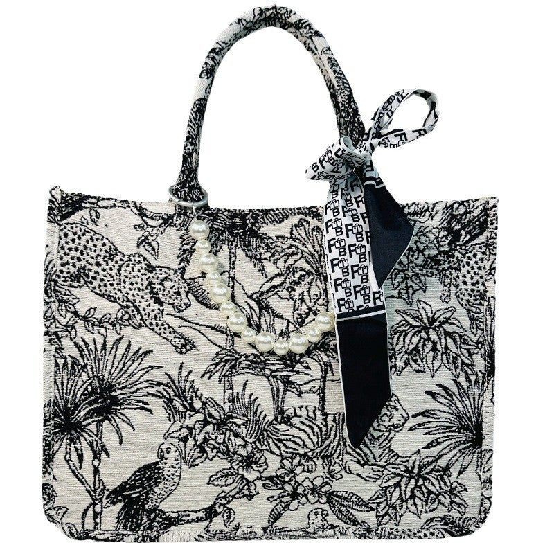 loveccr Women's Handbag Tiger Embroidered Tote Bag Cross-Border Guangzhou High Quality Commuter Pearl Shoulder Bag Wholesale