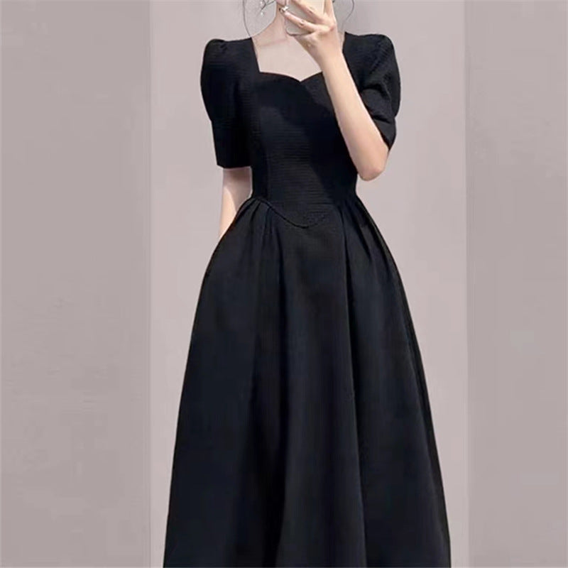Elegant Hepburn Style High Sense Square Collar Dress Summer New Women's Clothing Western Style Waist-Slimming Puff Sleeve Skirt