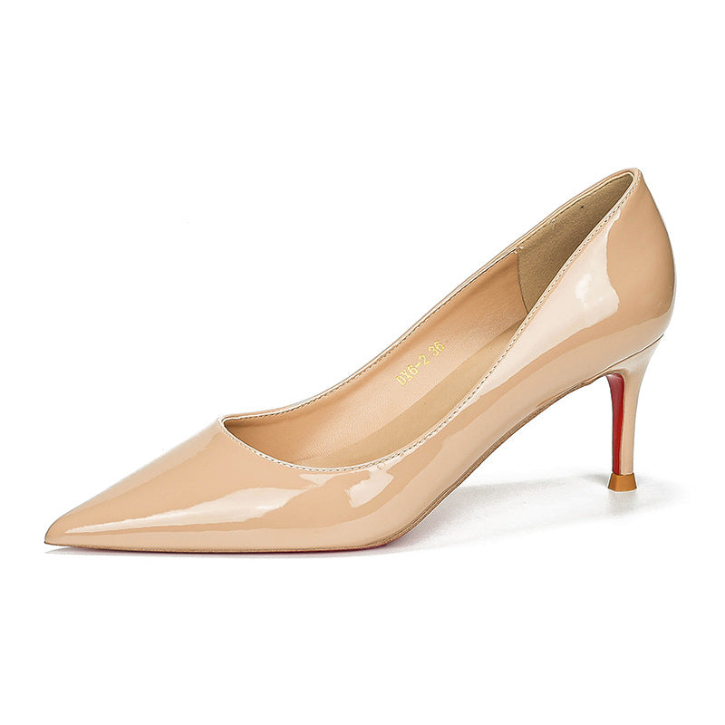 loveccr Nude Color Side Empty Red High Heel Shoes Women's Stiletto Heel New Pointed Low-Cut Patent Leather Sexy Temperament Genuine Leather Pumps