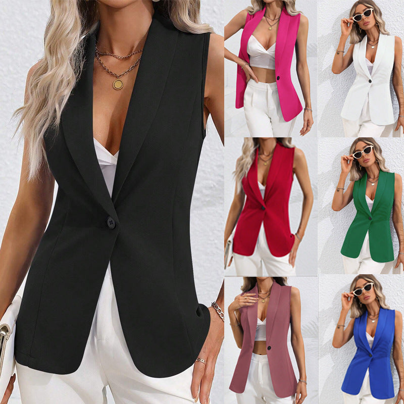 2025 Spring and Autumn New Solid Color Cardigan Single Button Jacket Sleeveless Crew Neck Jacket Women
