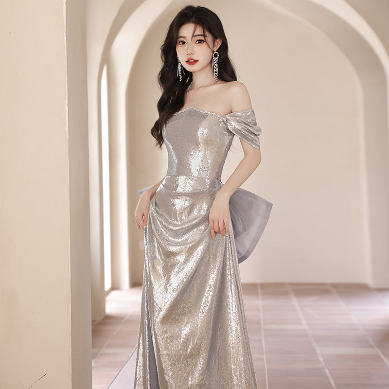 LOVERCCR off-Shoulder Evening Dress for Women New High-Grade Spring and Autumn High-End Temperament Annual Meeting Host Dress Noble Sexy