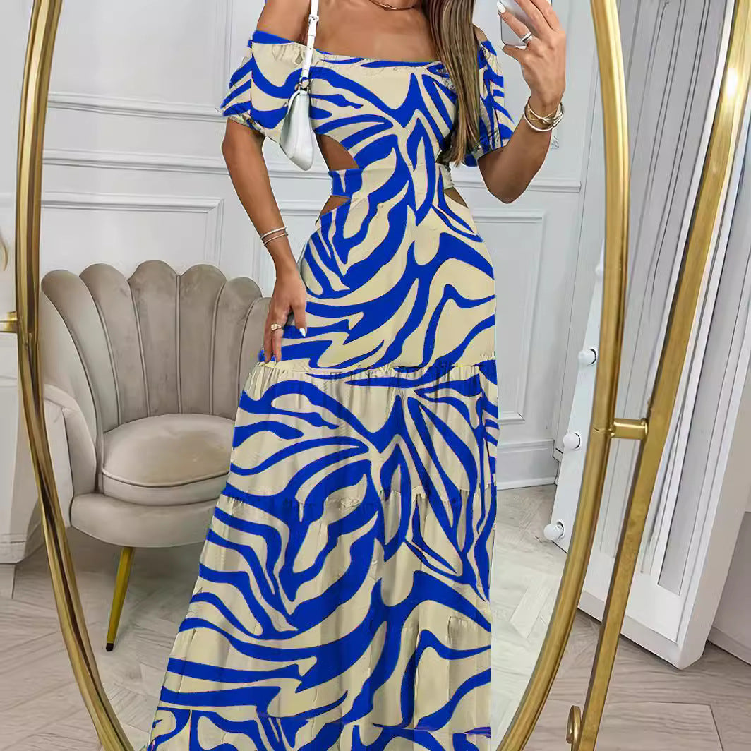 Independent Station Summer European and American Style Women's Printed off-Neck Elastic Waist Large Swing Dress Holiday Dress