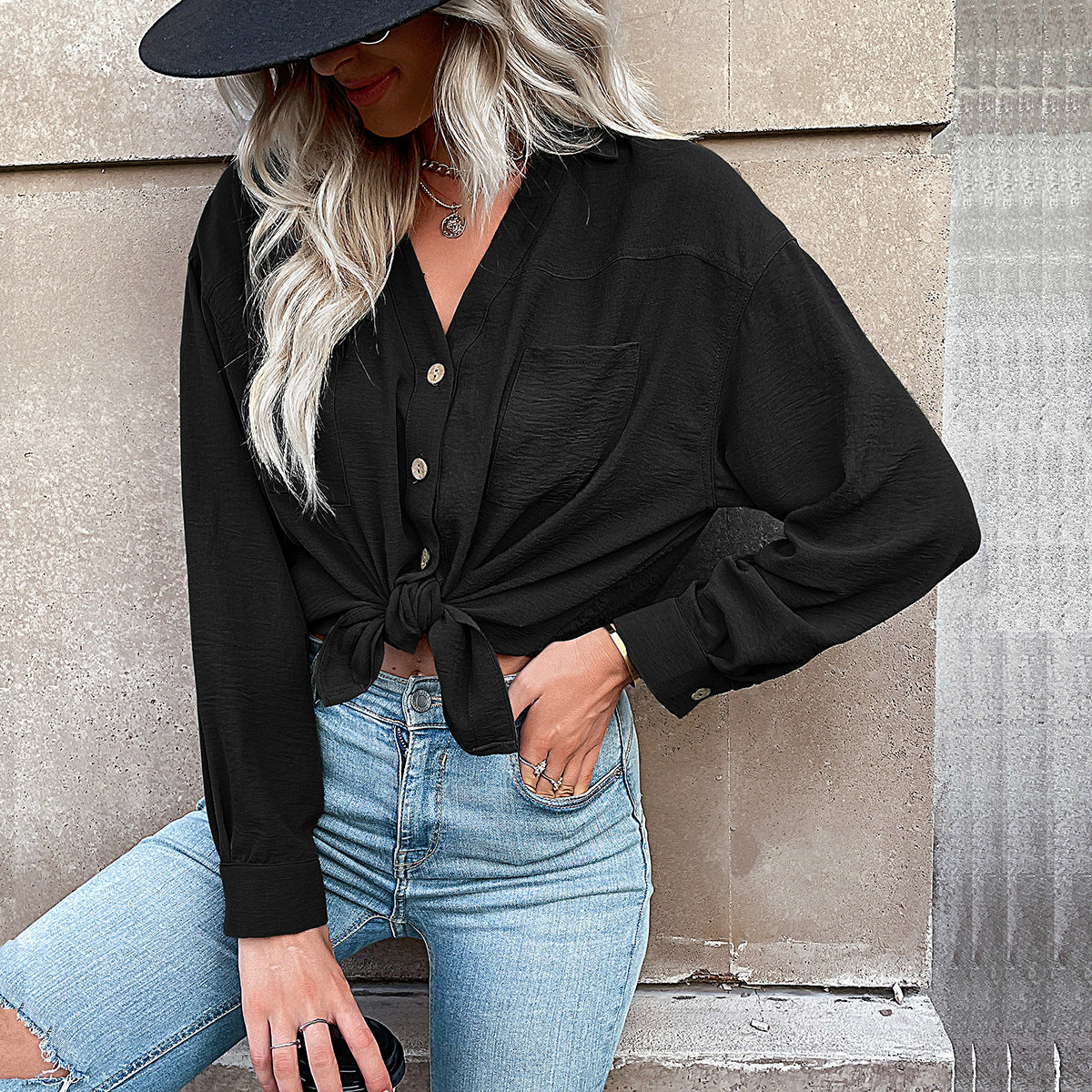 LOVECCR Hot autumn new foreign trade 2025 cardigan shirt lapel pocket casual commuter shirt women