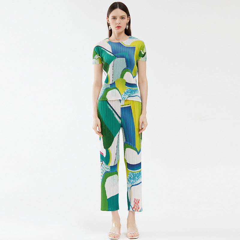 Miyake casual printing suit, summer new women's short-sleeved top, fashionable Korean version of drape trousers, two-piece set for women