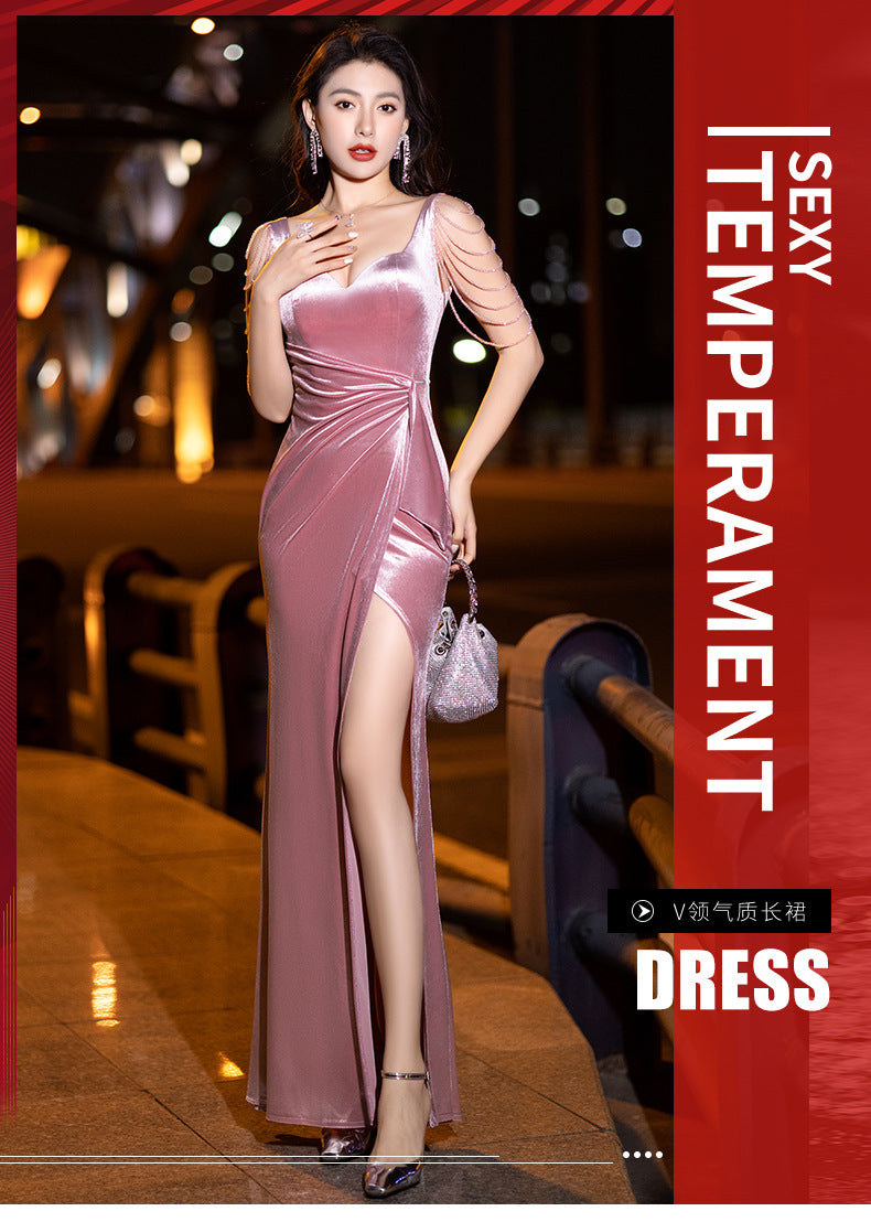 LOVECCR New Style Banquet Evening Dress Fairy Dreamy Black Sling Noble Temperament Host Long Dress