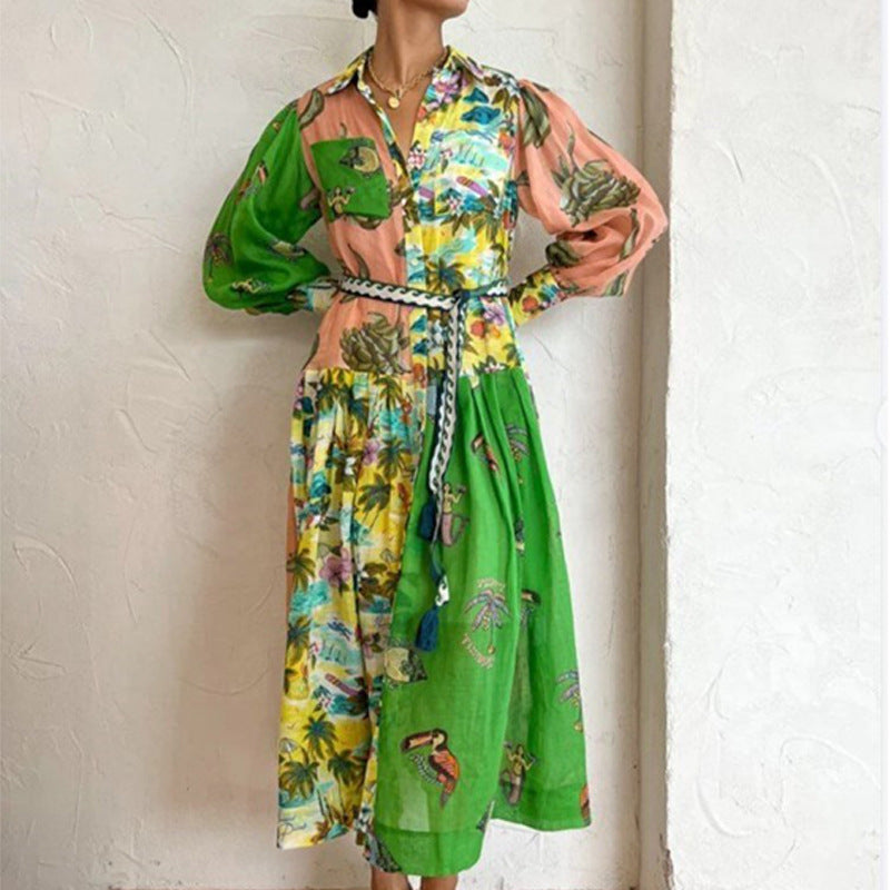Foreign Trade New Women's Elegant Lantern Sleeve Printed Long Lapel and Waist Tight Long Sleeve Dress