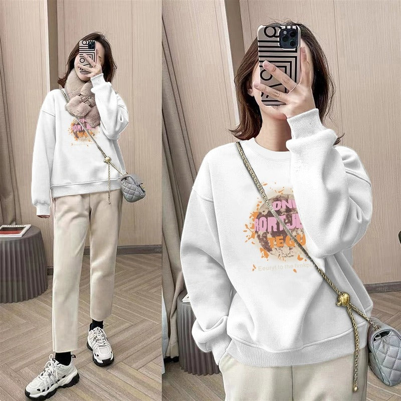 spring and autumn Korean version of fashion small round neck pullover fleece sweater long sleeve loose tide ins style top